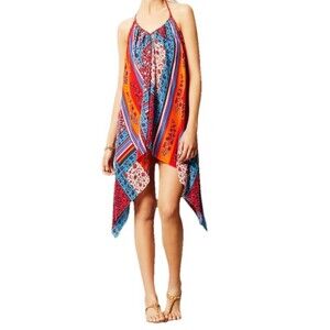 Kas New York 100% Silk Halter Neck Cover Up Dress Size S Artsy Hankechief Hem